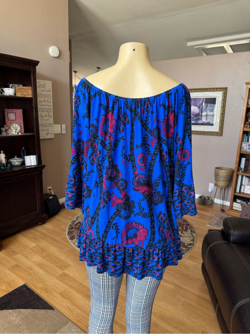 Style & Co off-shoulder blue floral peasant blouse-size 2X - Picture 2 of 9